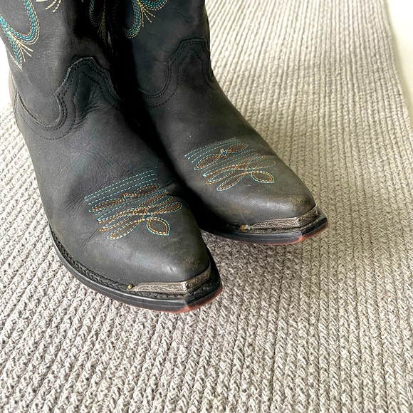 Vintage Smokey Mountain Teal Brown Embroidered Black Leather Cowboy Boots - Picture 8 of 15